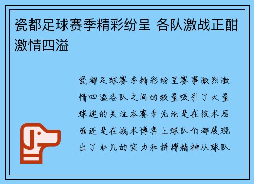 瓷都足球赛季精彩纷呈 各队激战正酣激情四溢