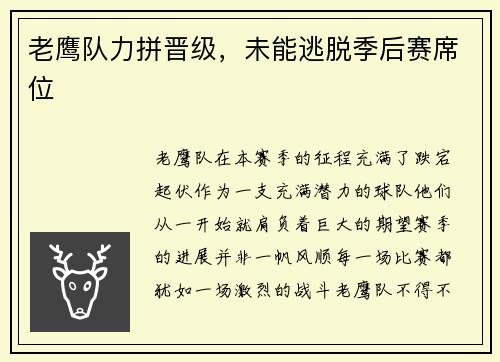 老鹰队力拼晋级，未能逃脱季后赛席位