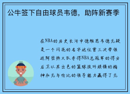 公牛签下自由球员韦德，助阵新赛季