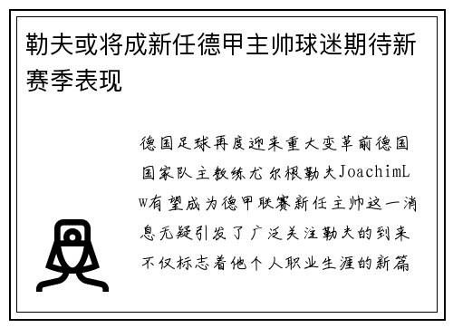 勒夫或将成新任德甲主帅球迷期待新赛季表现