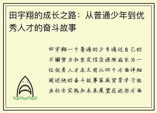 田宇翔的成长之路：从普通少年到优秀人才的奋斗故事
