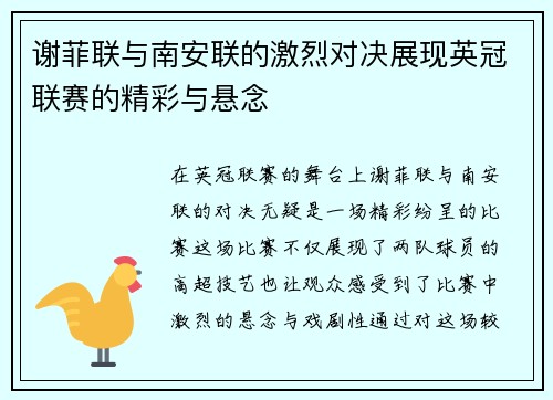 谢菲联与南安联的激烈对决展现英冠联赛的精彩与悬念