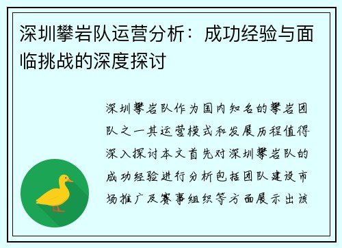深圳攀岩队运营分析：成功经验与面临挑战的深度探讨