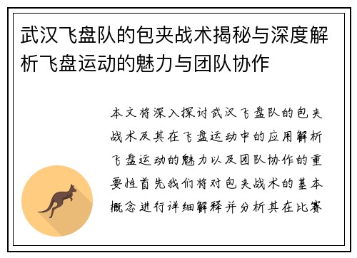 武汉飞盘队的包夹战术揭秘与深度解析飞盘运动的魅力与团队协作
