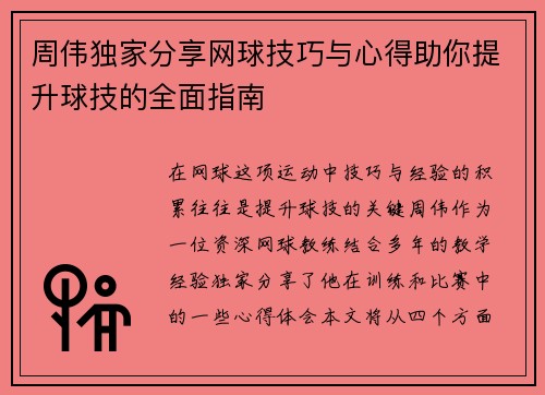 周伟独家分享网球技巧与心得助你提升球技的全面指南